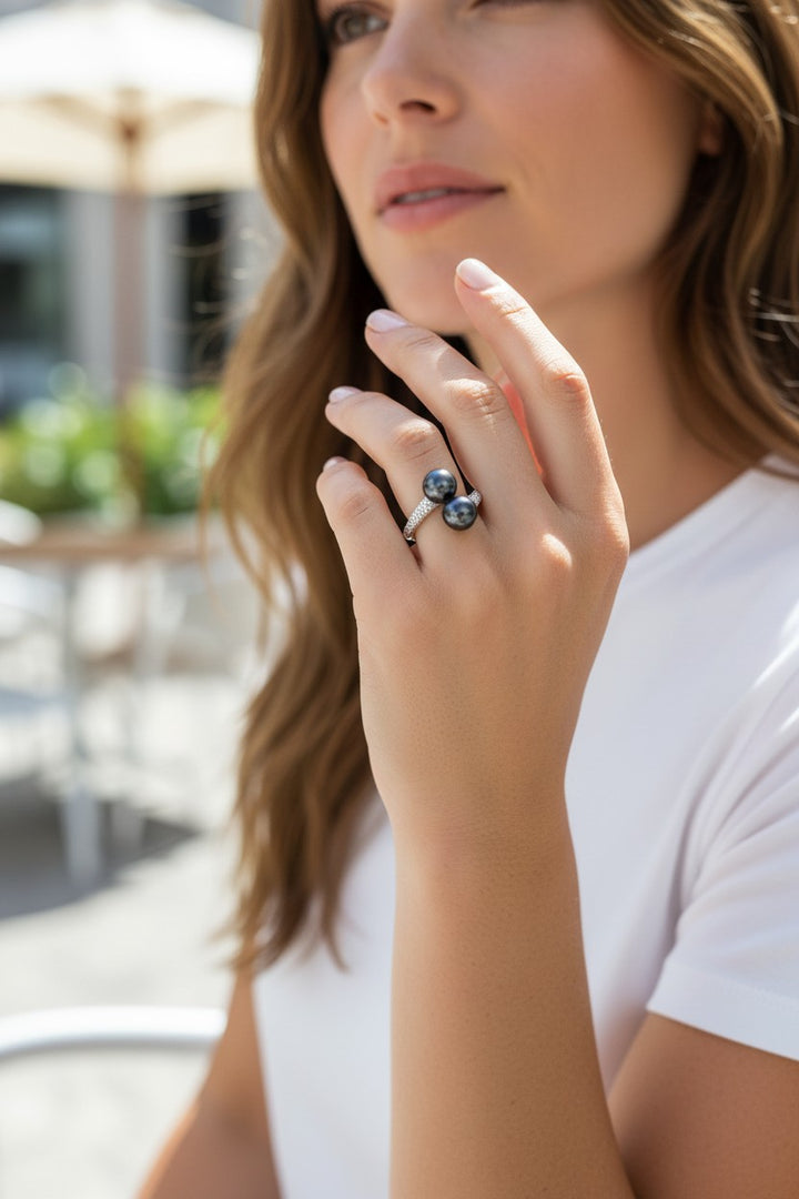 Bague Toi & Moi  PERLINEA avec perle de Culture d'Eau Douce Black Tahiti
