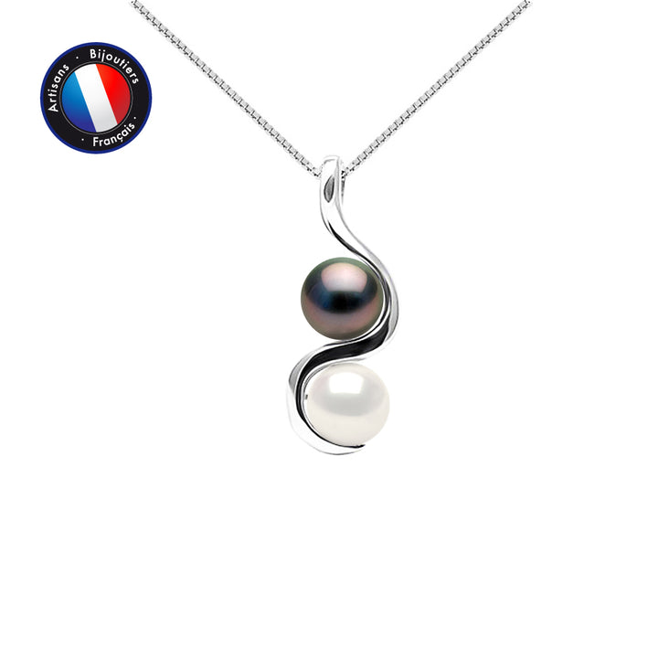 Collier avec 2 perles d'Eau Douce Blanche et perle noir de TAHITI - Diamètre 8-9 mm
