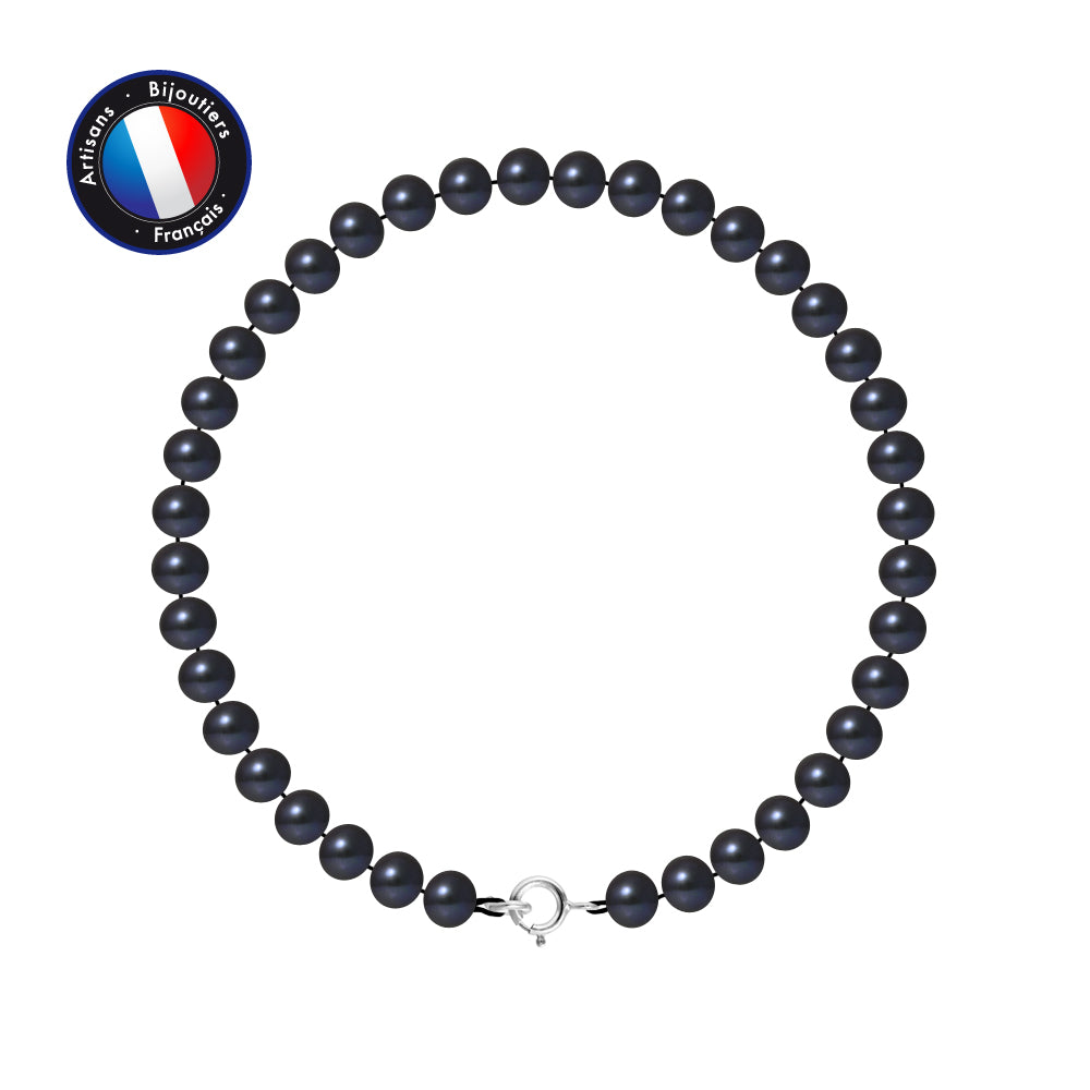Bracelet- Perles de Culture d'Eau Douce- Semi Ronde 5-6 mm Black Tahiti- Bijou Femme- Argent 925 Millièmes