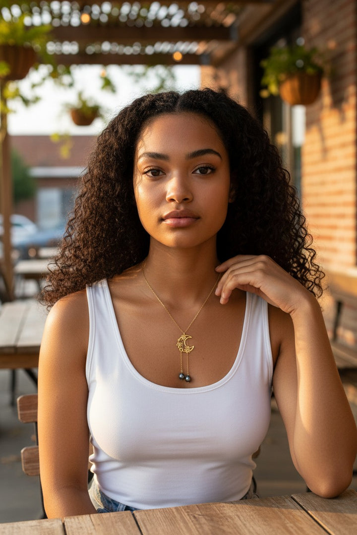 Collier personnalisé en Lune floral pendante, 2 perles