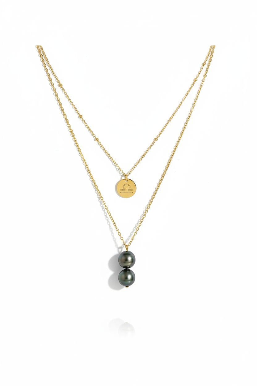 Collier personnalisé double chaîne Signe astrologique & Perles de Tahiti