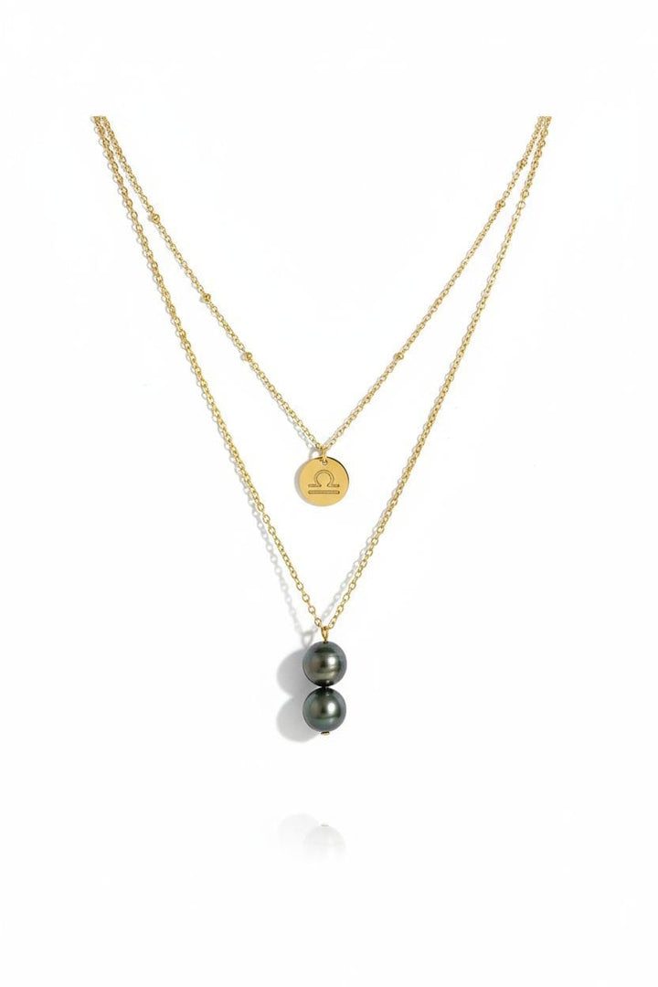 Collier personnalisé double chaîne Signe astrologique & Perles de Tahiti