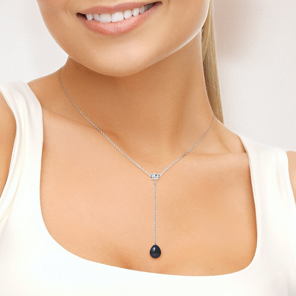 Collier Cravate avec perle de Culture d'Eau Douce noir- Diamètre 9-10 mm