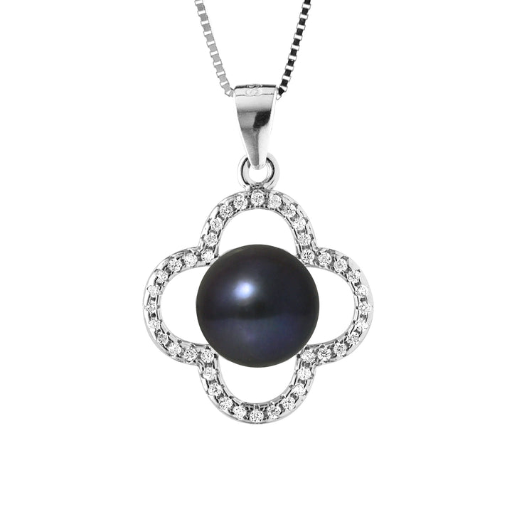 Collier Trèfle avec perle de Culture d'Eau Douce noir - Diamètre 9-10 mm