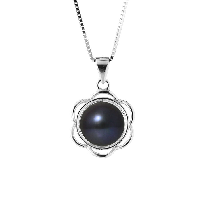 Collier Fleur avec perle de Culture d'Eau Douce noir - Diamètre 8-9 mm