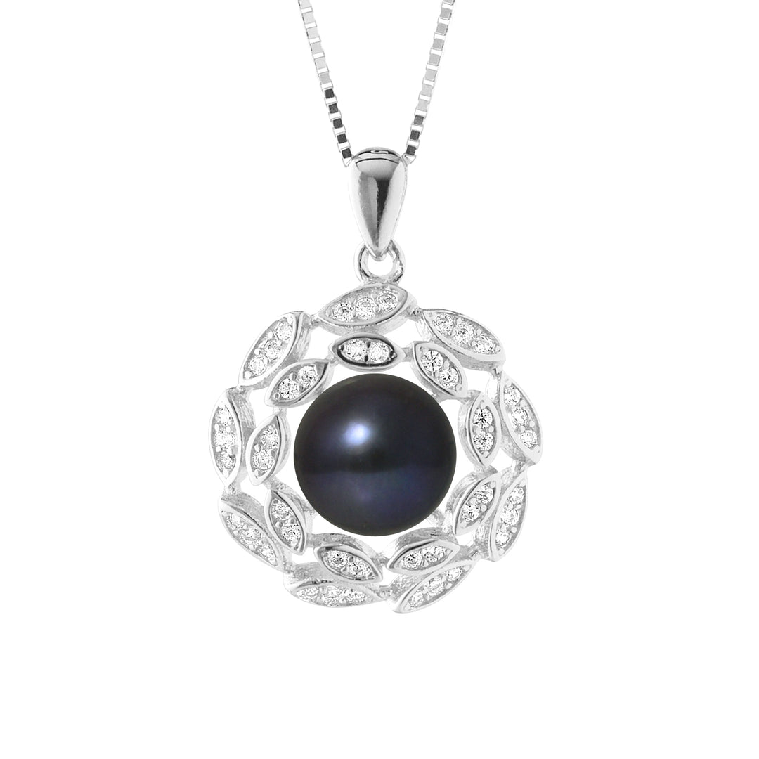Collier Corolle avec perle de Culture d'Eau Douce noir - Diamètre 8-9 mm