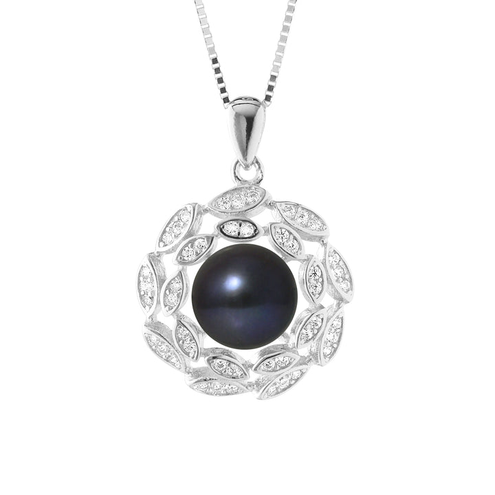 Collier Corolle avec perle de Culture d'Eau Douce noir - Diamètre 8-9 mm